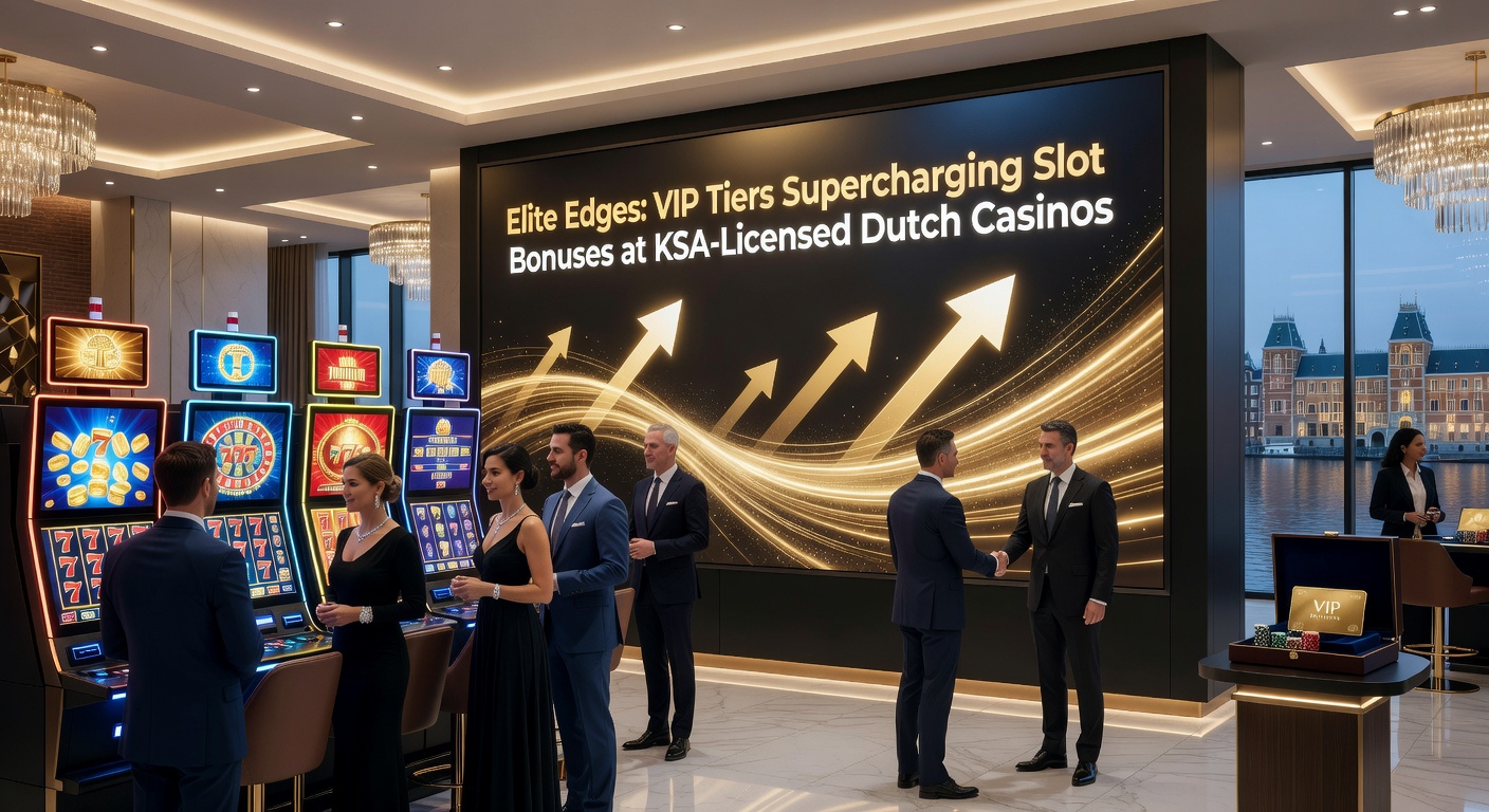 VIP-speler aan een slotmachine met overlay van tier-badges en vallende bonusmunten in een luxe casino-omgeving