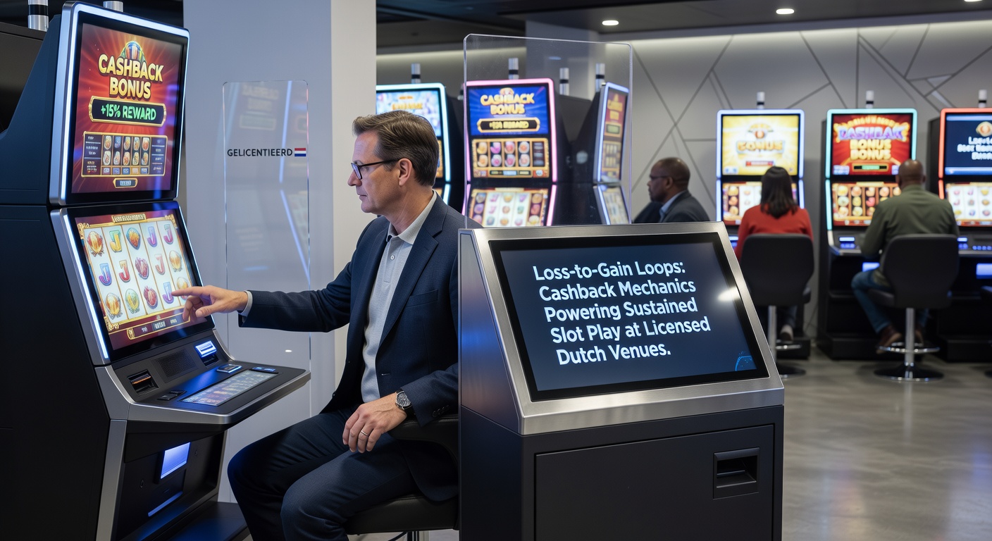 Speler aan een Nederlandse slotmachine die cashback ontvangt, met scherm dat een kredietuitkering toont