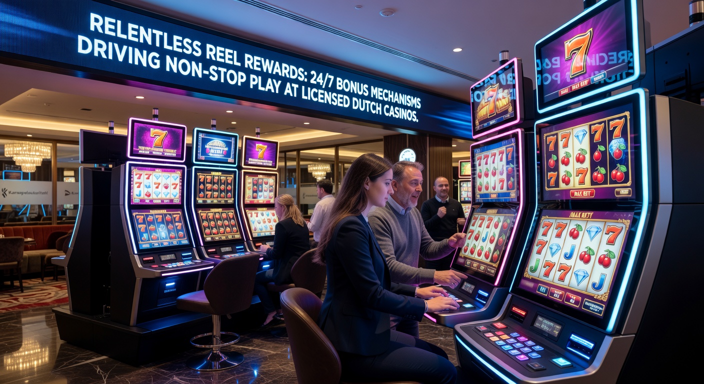 Schermafbeelding van een bruisende online slot met vallende bonusmunten en 24/7 klokje dat non-stop beloningen symboliseert in een Nederlands casino