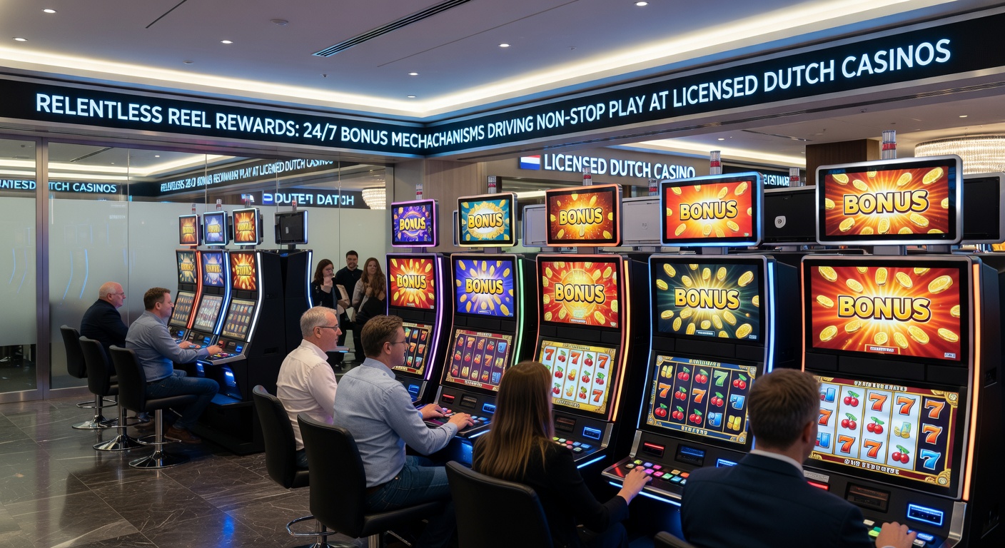 Dynamische infographic met klokcirkel vol bonusiconen, slotsymbolen en stijgende grafieken die 24/7 activiteit in Nederlandse casinos illustreren
