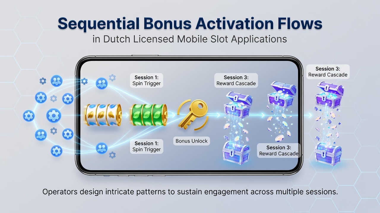 Illustratie van sequentiële bonusactiveringsstromen in mobiele slotapplicaties met Nederlandse licenties