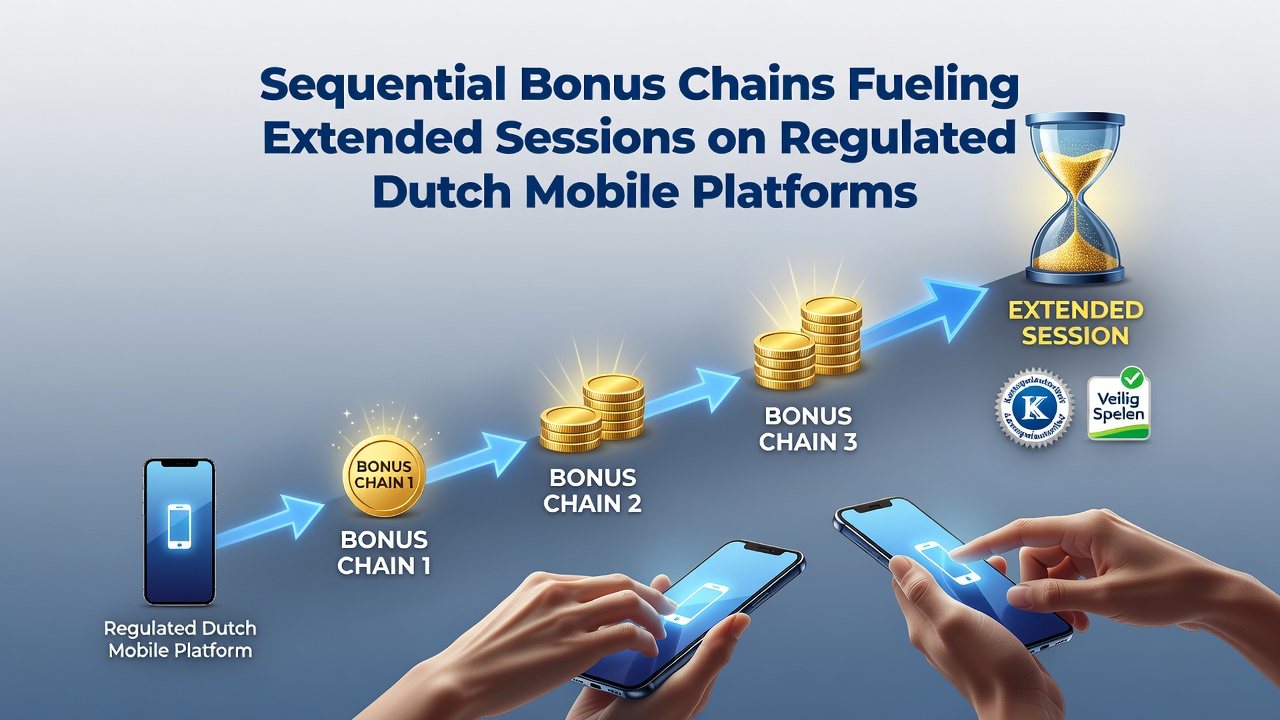 Mobiele app-schermen met actieve bonusketens, cashback-niveaus en doorlopende free spins op Nederlandse platforms